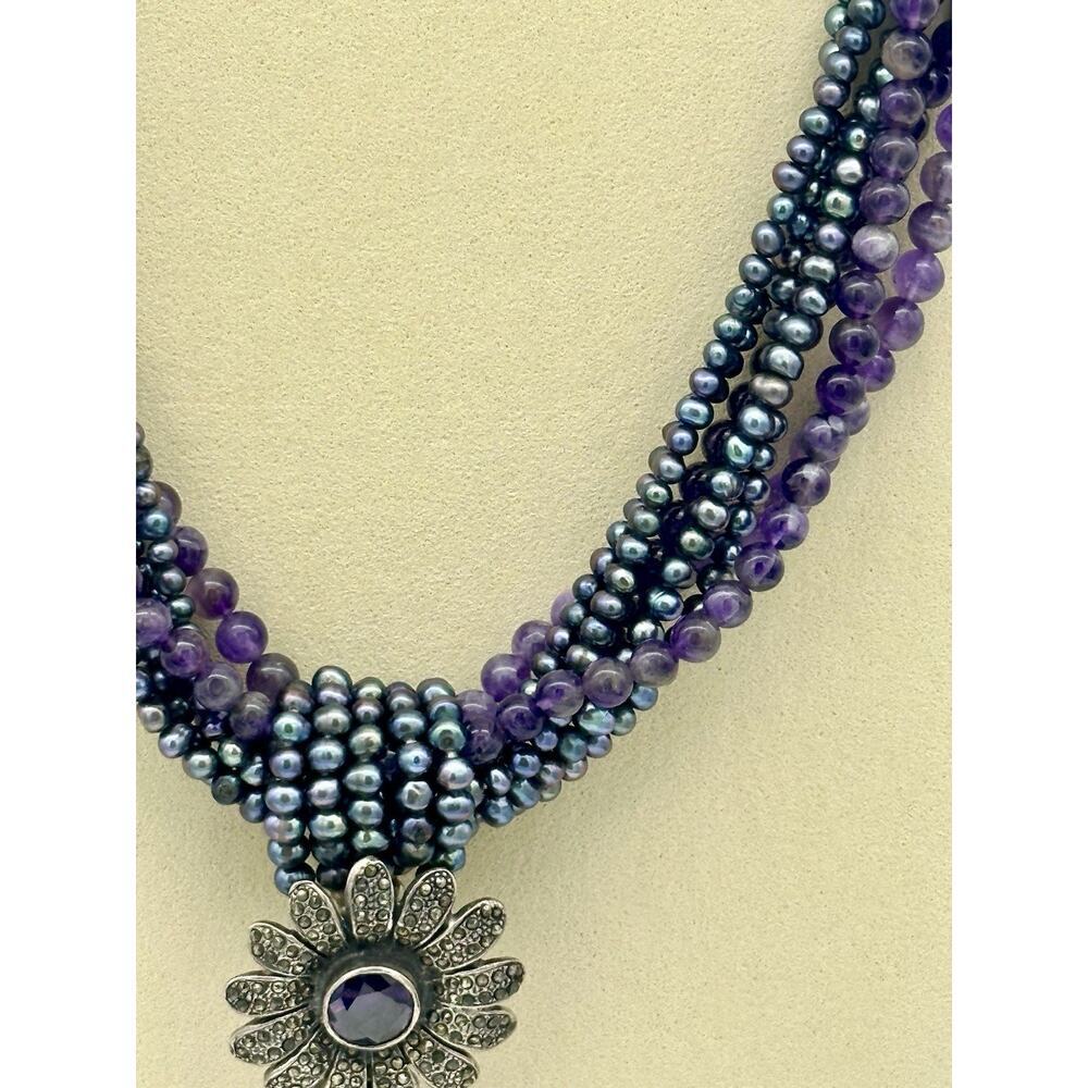 VTG Sterling Silver Natural Pearl Amethyst & Marcasite Statement Necklace Chunky - Picture 4 of 11